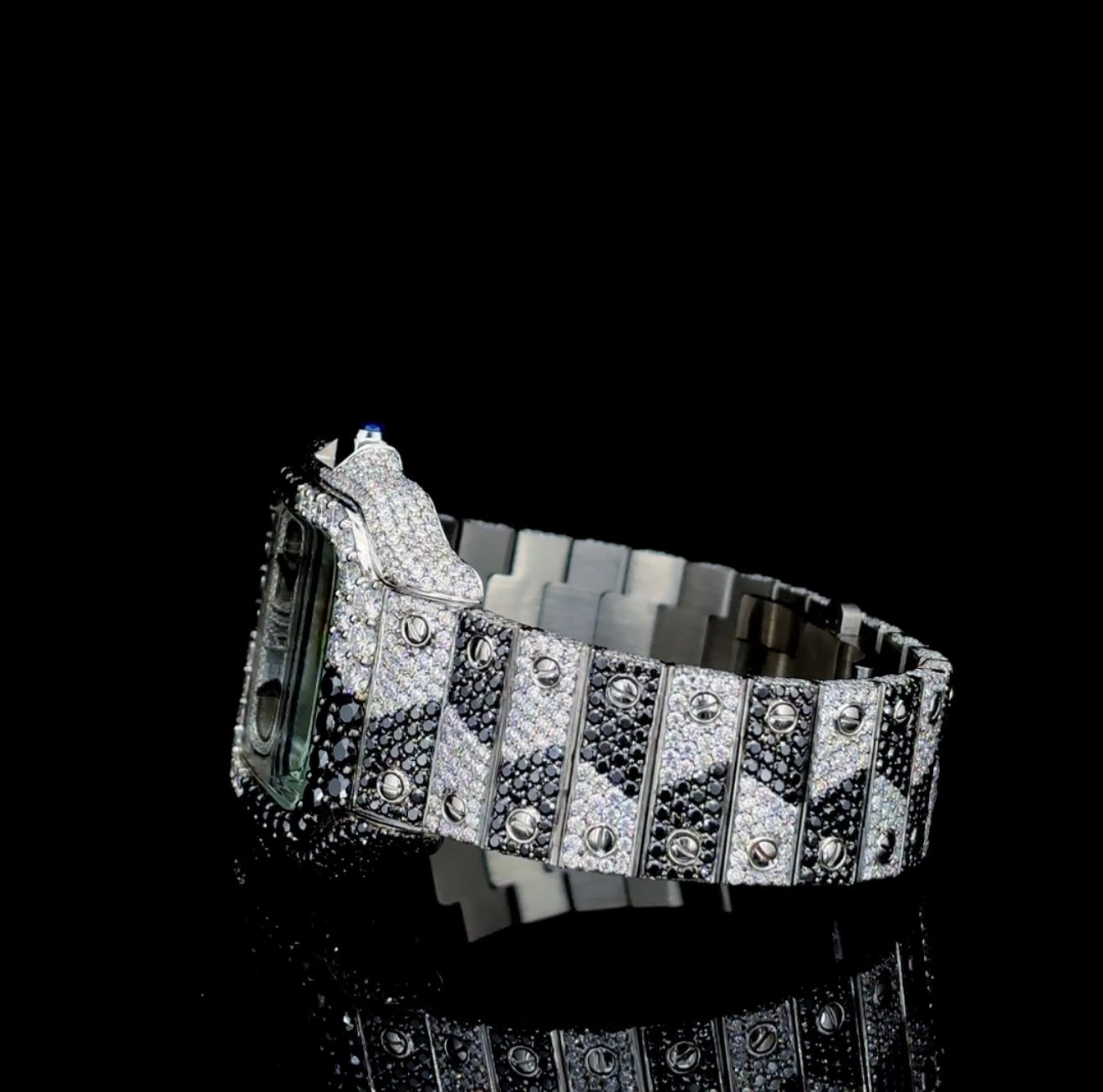 Military style watch | VVS quality Moissanite watch | Automatic watch | Beautiful black and white Diamond studded watch