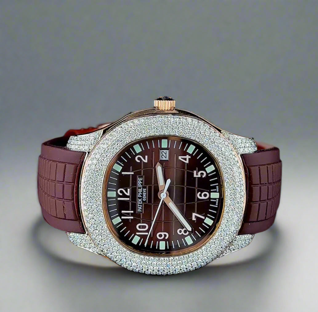Luxury Brown Dial Watch with Lab-Grown Diamond Bezel and Textured Rubber Strap | Automatic watch | VVS quality