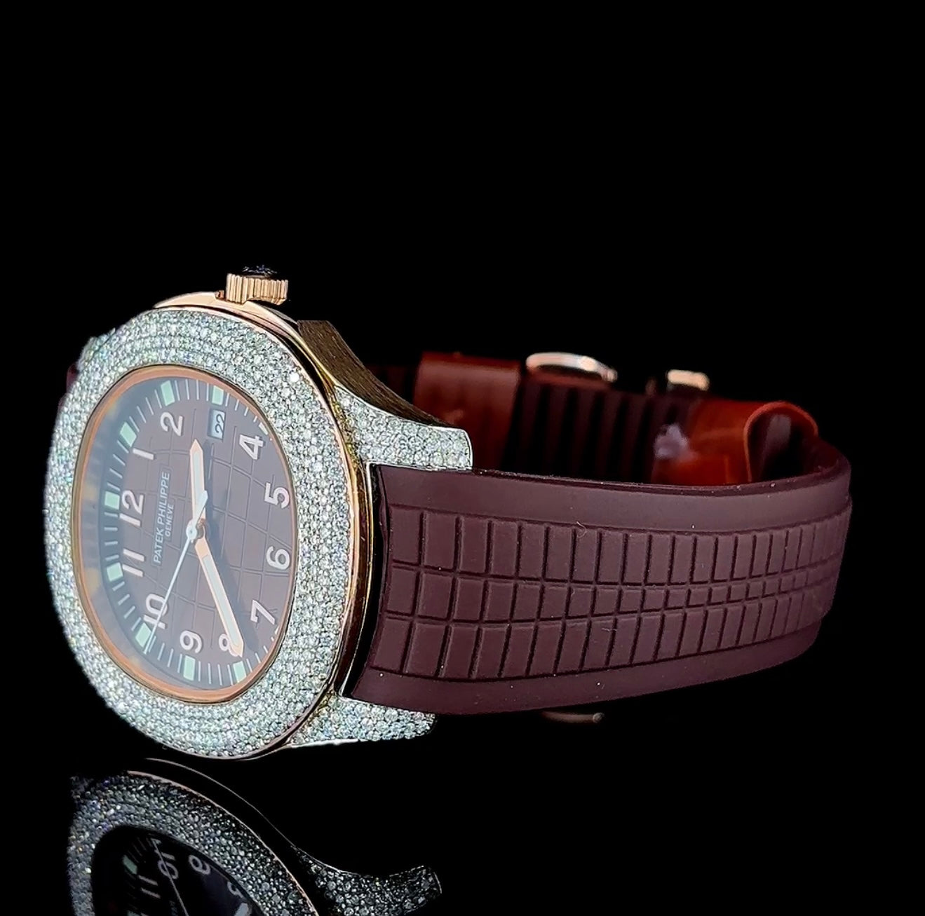 Luxury Brown Dial Watch with Lab-Grown Diamond Bezel and Textured Rubber Strap | Automatic watch | VVS quality
