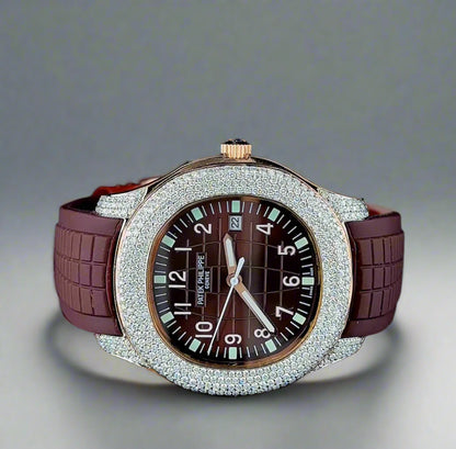 Luxury Brown Dial Watch with Lab-Grown Diamond Bezel and Textured Rubber Strap | Automatic watch | VVS quality