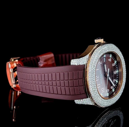 Luxury Brown Dial Watch with Lab-Grown Diamond Bezel and Textured Rubber Strap | Automatic watch | VVS quality