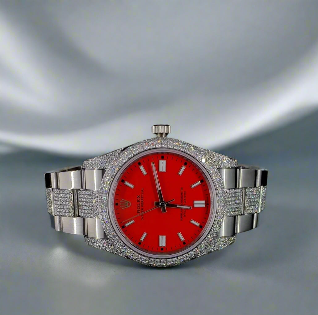 Red Dial with Silver Bracelet watch studded with CVD diamonds | Automatic watch | VVS quality