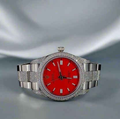 Red Dial with Silver Bracelet watch studded with CVD diamonds | Automatic watch | VVS quality