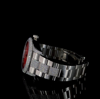 Red Dial with Silver Bracelet watch studded with CVD diamonds | Automatic watch | VVS quality