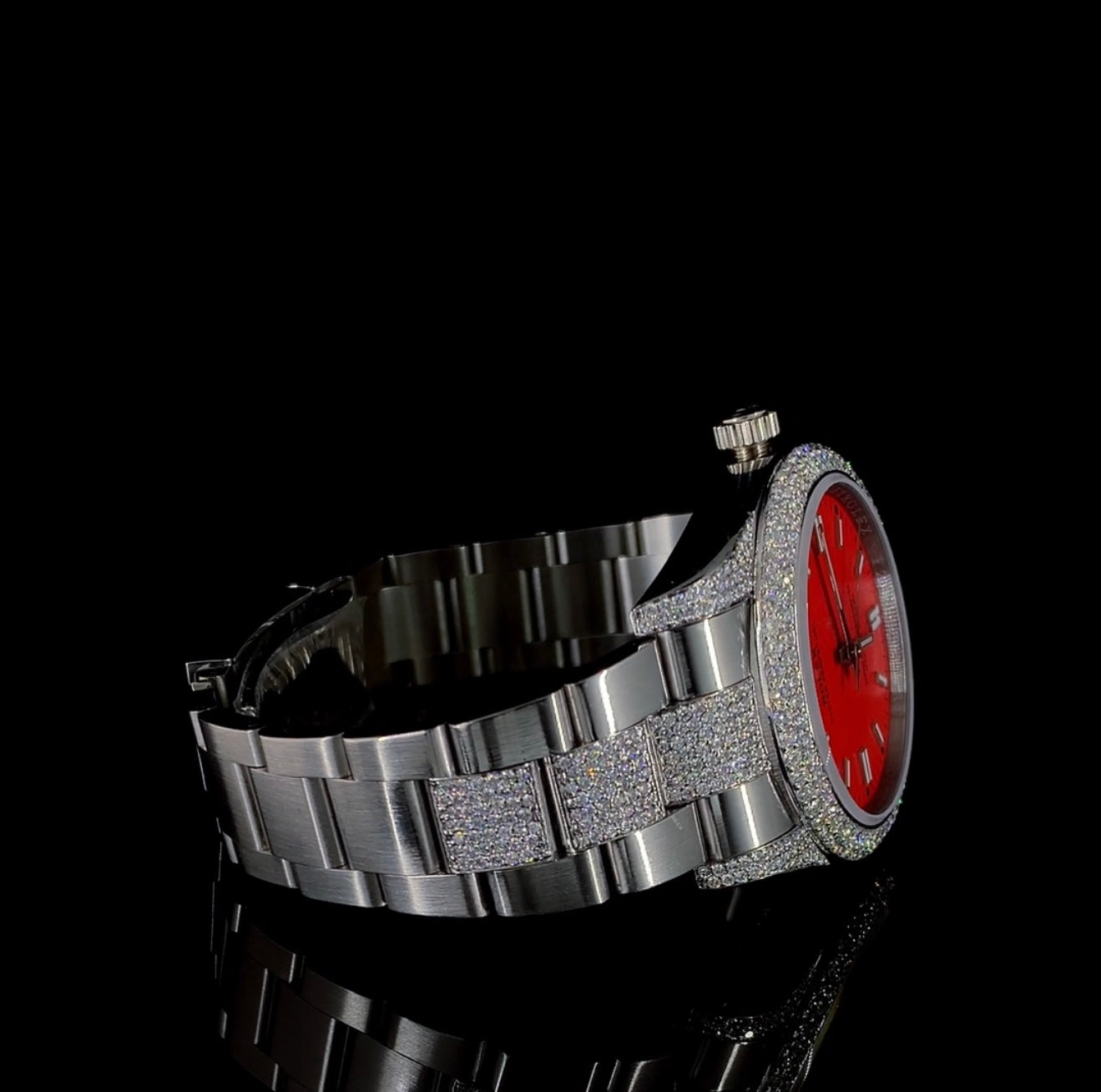 Red Dial with Silver Bracelet watch studded with CVD diamonds | Automatic watch | VVS quality