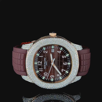 Luxury Brown Dial Watch with Lab-Grown Diamond Bezel and Textured Rubber Strap | Automatic watch | VVS quality